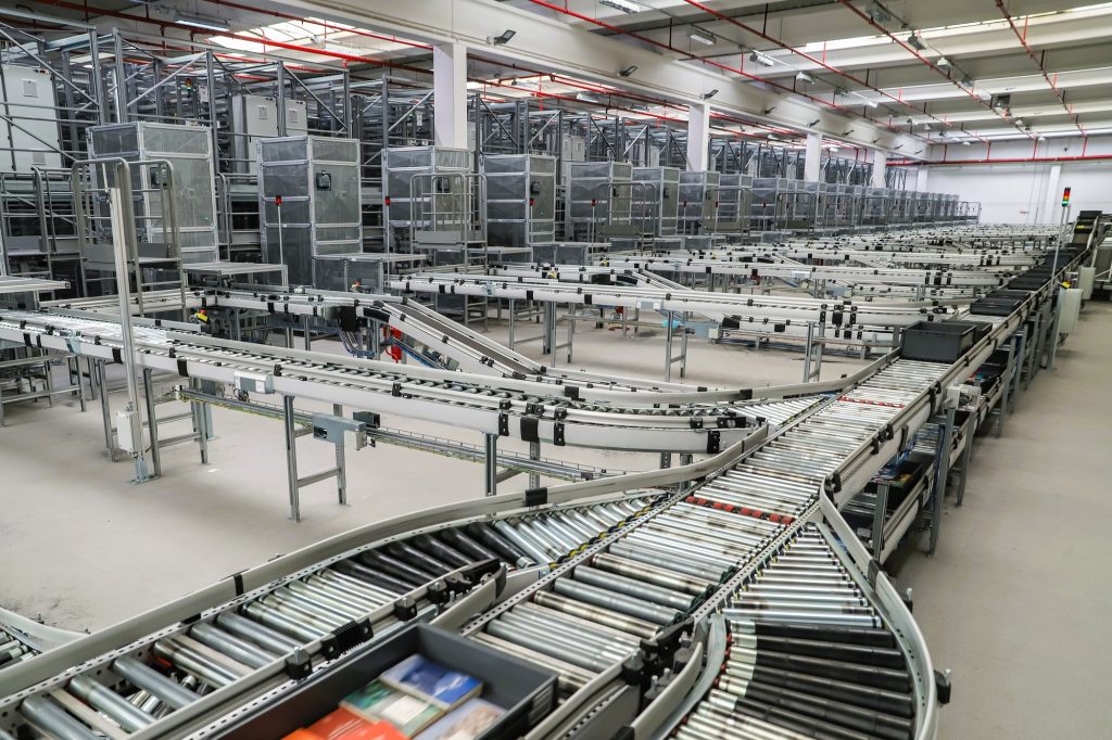 conveyor belt in a modern logistic warehouse